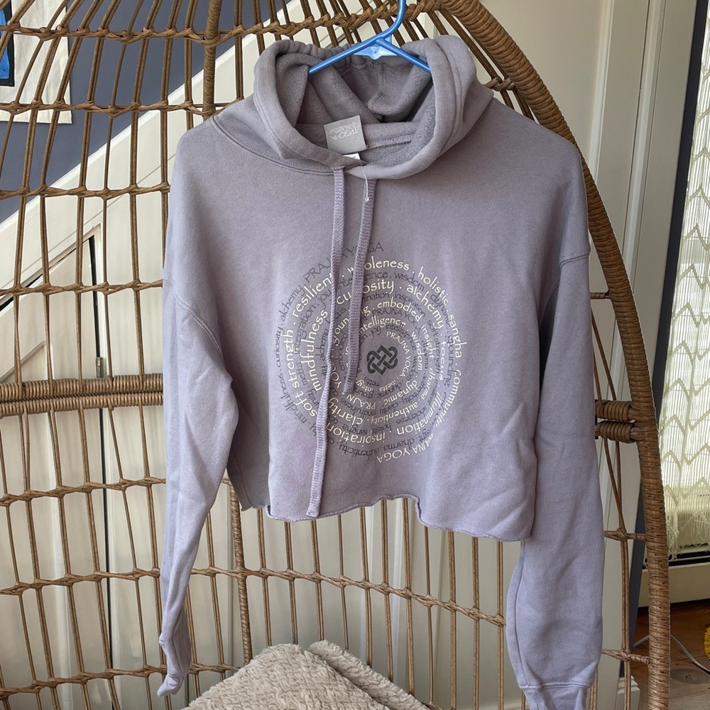 Ancient Language Lilac Gray Cozy Fleece Graphic Cropped Hoodie Yoga S